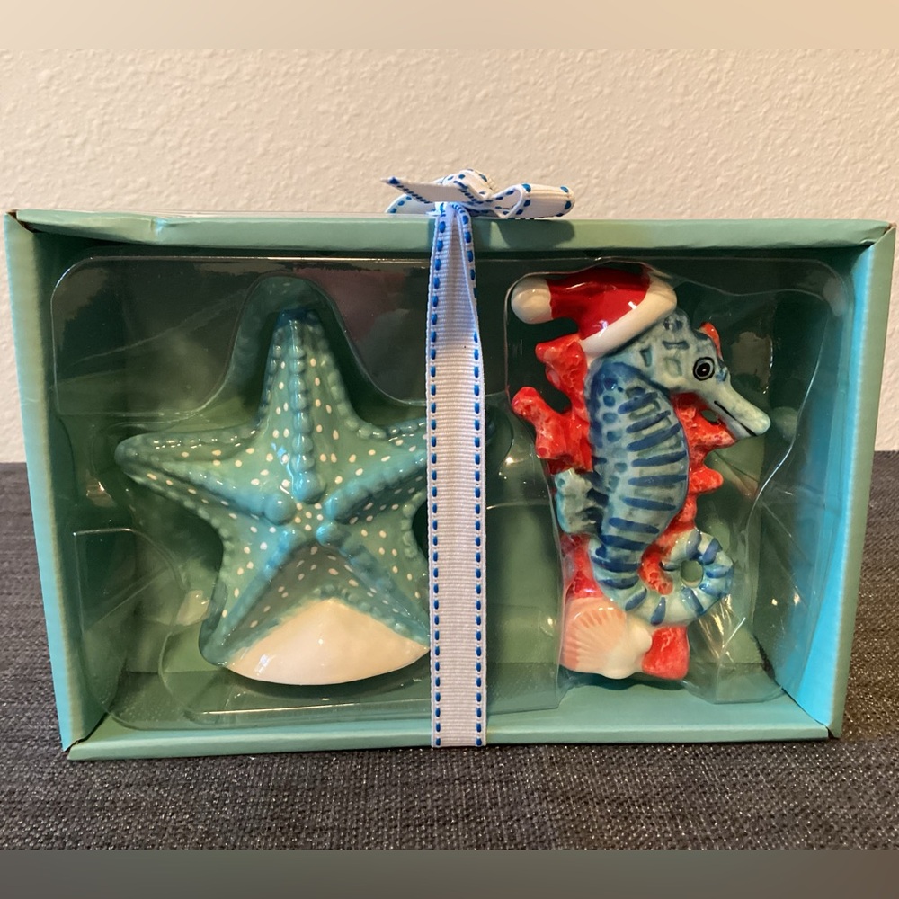 Holiday Sea Star & Seahorse Ceramic Salt and Pepper Set - Aqua Blue